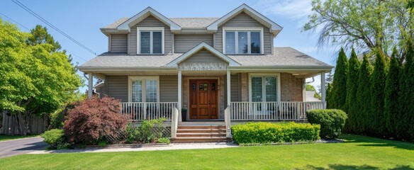 The beautiful two-story house surrounded by lush greenery and a sunny sky.