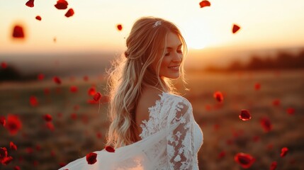 A serene bride gracefully smiling amidst a shower of red petals during sunset, encapsulating love, beauty, and the enchanting moments of a wedding celebration.