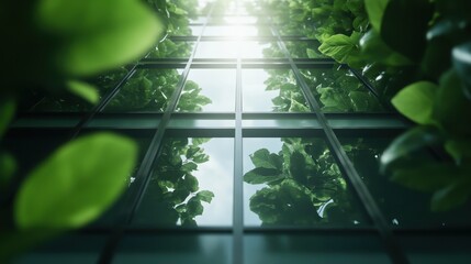 A stunning architectural view showcasing a glass tower enveloped in lush green plants, highlighting the beautiful integration of nature and modern design aesthetics.