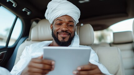 A man dressed in traditional attire enjoys his time relaxing in a luxury car while engaging with a mobile device, showcasing a blend of modernity and culture.