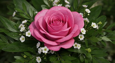 Blooming Pink Rose Surrounded by Greenery and White Flowers Close Up