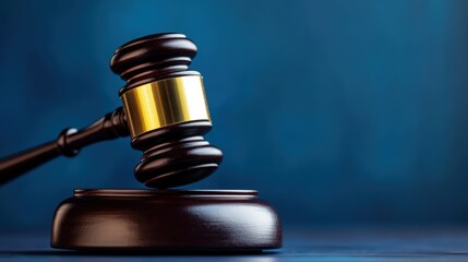 A wooden judge"s gavel with a golden band rests on its sound block against a blue background, symbolizing law and justice.