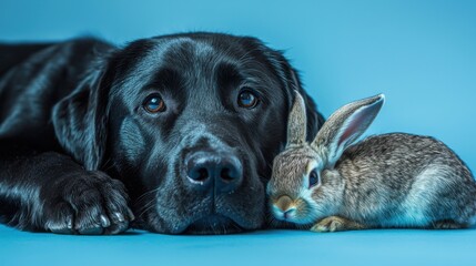 Black Labrador and Bunny: A Portrait of Unlikely Friends. This heartwarming image captures a moment of pure companionship between a loyal black Labrador and an adorable bunny. Thei