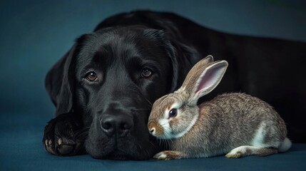 A heartwarming portrait of a black Labrador and a fluffy bunny resting together, showcasing their gentle companionship and bond. A captivating image celebrating the beauty of anima