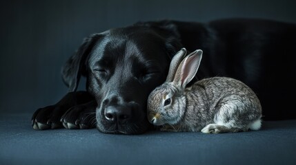 Heartwarming image of a black Labrador dog and a grey bunny sleeping peacefully together. A touching display of interspecies friendship and animal companionship.