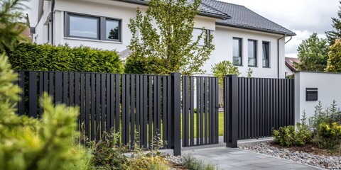 Modern Black Metal Fence and Gate: Contemporary Home Exterior Design. Sleek, stylish, and secure, this fence enhances curb appeal and provides privacy. Perfect for modern homes and
