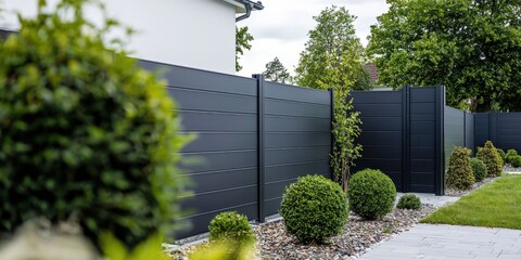Modern Aluminum Fence: Privacy and Style for Your Garden. Contemporary dark grey metal panels create a sleek and secure boundary for your home, enhancing its curb appeal and provid