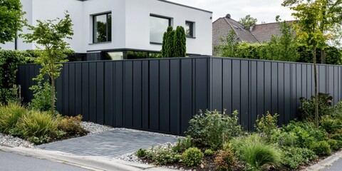 Modern Dark Grey Metal Fence: Contemporary Home Exterior Design, Landscaping, and Privacy Solutions