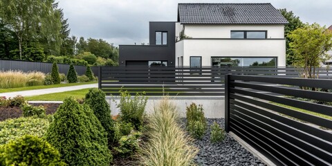 Modern Home Exterior: Contemporary Architecture and Landscaping Design. This stunning property features a sleek, black fence and beautifully landscaped gardens, creating a luxuriou