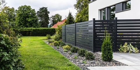 Modern Landscaping: Black Fence and Green Garden Design. Enhance your home's curb appeal with this contemporary landscape design featuring a sleek black fence, lush green grass, an
