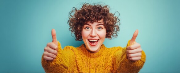 The cheerful woman giving thumbs up in a cozy yellow sweater.