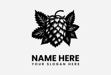 A stylized black and white hop cone logo design, featuring leaves and text placeholders.