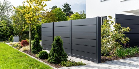 Modern Grey Aluminum Fence: Contemporary Garden Design and Landscaping Ideas for Home Exterior