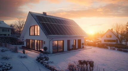 Modern Solar House in Winter Sunset: Eco-Friendly Home Design and Sustainable Living