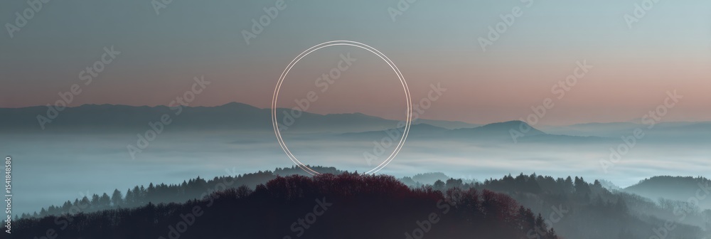 Poster foggy landscape featuring a central ring symbolizing emptiness at dawn in a serene mountain setting
