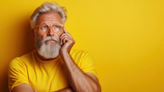 An introspective older man with a beard and glasses, showcasing a thoughtful expression against a vibrant yellow background, illustrating wisdom, contemplation, and experience. - Powered by Adobe