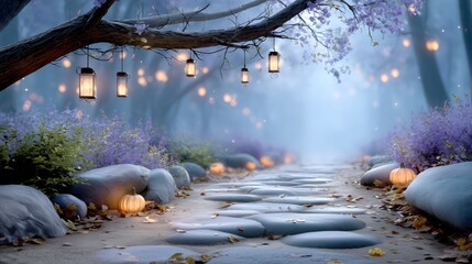 Enchanting lantern pathway in misty forest nature scene magical atmosphere serene viewpoint autumn vibes