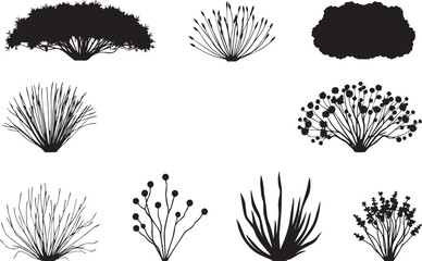 A set of shrubs and trees. Hand drawn vector illustration