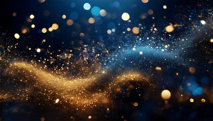 Fototapeta premium shimmering gold and blue particles floating on dark background abstract motion graphics