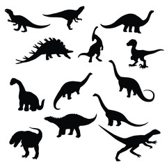 Cute cartoon hand drawn vector Set of different dinosaur silhouette.