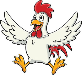 Cartoon chicken mascot with open wings, colorful feathers, red comb, yellow beak and feet, fun farm bird character for kids design, vector illustration