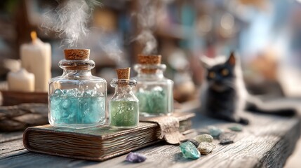 Potion-making workshop with enchanted ingredients in a cozy cottage captured close-up of magical bottles