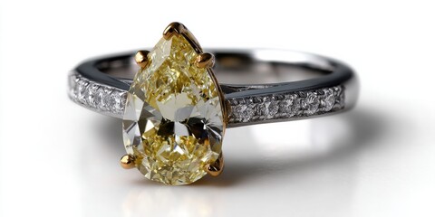 Dazzling Pear-Cut Yellow Diamond Ring: A Symbol of Timeless Elegance and Luxury. This exquisite piece features a brilliant yellow diamond, set in platinum with a delicate band of s