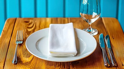 Elegant Table Setting with White Plate and Rustic Wooden Table