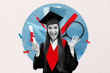 Full zine trendy photo collage of happy student girl graduate master degree university education...