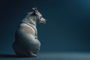 A heartwarming portrait of a white dog sitting against a dark blue background. The image is simple yet evocative, capturing the pet's gentle and loyal nature. Perfect for pet lover