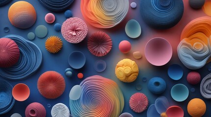 Abstract colorful 3D spheres and geometric shapes with textured surfaces. Vibrant digital art composition for modern design concepts.