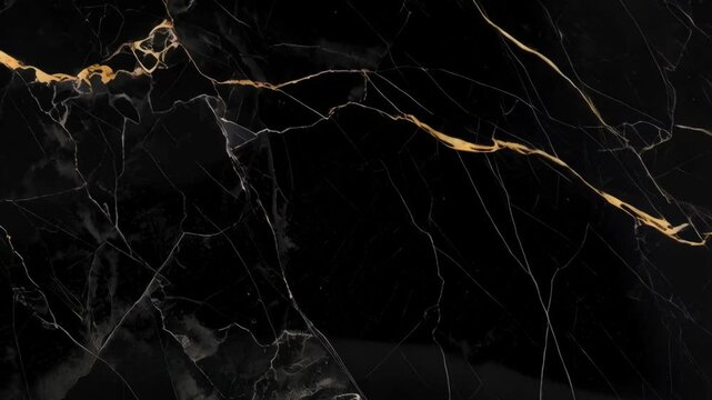 Dramatic black marble texture background featuring striking golden and white veining for elegant surface design.