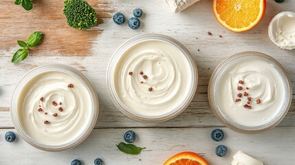 Top view of three creamy yogurt bowls surrounded by vegetables, berries and fruits