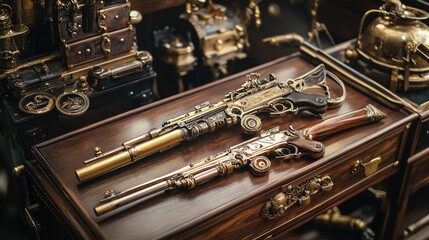Naklejka premium Intricate steampunk weaponry displayed on a brass and wood table