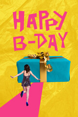 Obraz premium Trend artwork banner sketch 3D photo collage of huge size giftbox young lady run sexy dress receive wish happy birthday weekend banner