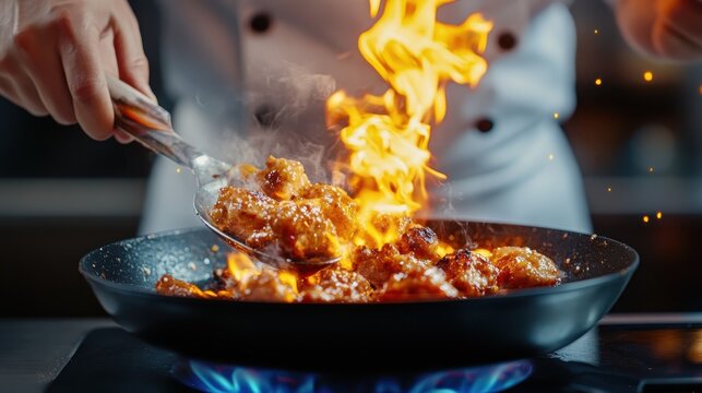 An engaging kitchen scene capturing the vibrant dynamics of cooking, with flames rising dramatically as a chef skillfully stirs aromatic ingredients in a sizzling pan.