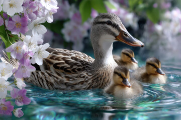 Mother duck and her ducklings swimming in a serene pond surrounded by blooming flowers