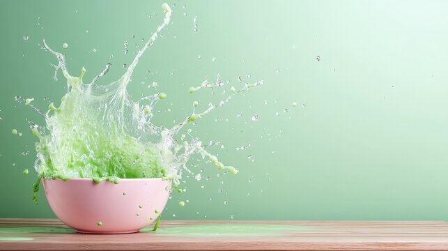 A dynamic splash of vibrant green liquid erupts from a pink bowl, creating an abstract depiction of energy and creativity in a visually captivating moment.