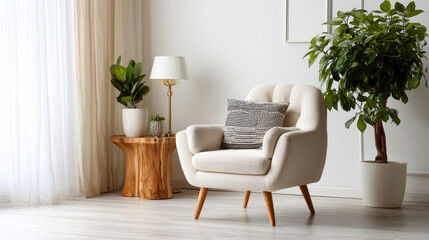 An elegant living area with a cosy chair, a houseplant, and a lamp next to a white wall. Text space