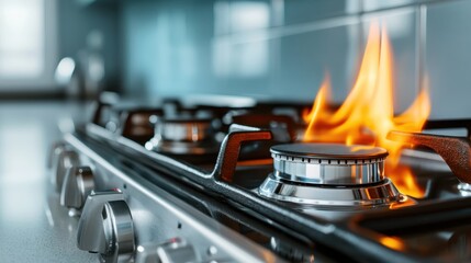 A close-up view of flames erupting from a gas stove burner, showcasing intense heat and energy, representing cooking and culinary creativity in modern kitchens.