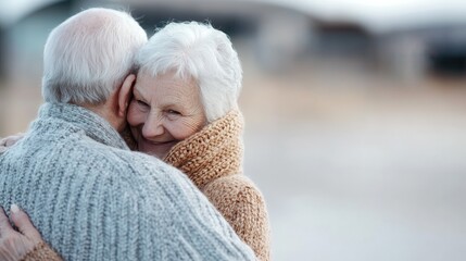 An affectionate elderly couple embraces warmly, their joyful smiles reflecting a deep bond and the beauty of enduring love in a soft, heartwarming atmosphere.