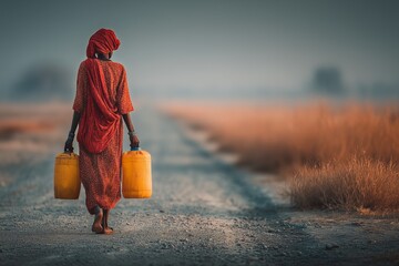 Woman Carrying Water Jugs on a Dirt Road in a Desaturated Rural Landscape