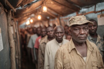 Somber Man Waiting in Line for Healthcare Under Temporary Shelter
