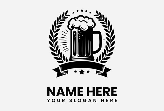 Beer mug logo with foam, surrounded by laurel wreath and ribbon banner.