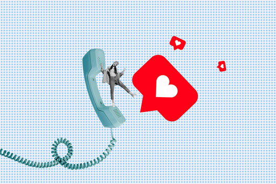 Banner sketch pop artwork collage of happy hipster girl dance telephone handset telecommunication heart icon social network