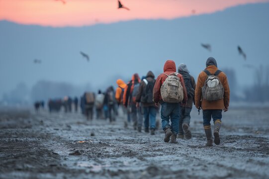 Migrants Walking with Backpacks at Dawn through a Muddy Field in jackets with Birds