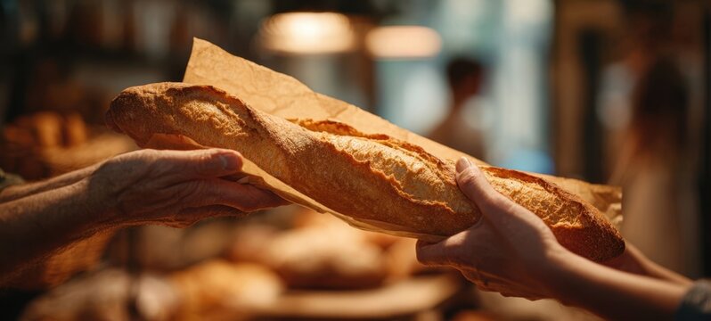 The hands exchanging a freshly baked loaf of artisan bread.