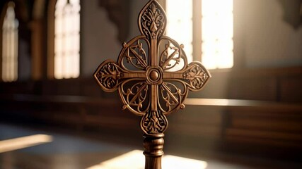 Ornate wood carved Christian cross interior church. Detailed religious symbol on dark background with bright window light in blurred setting. - Powered by Adobe