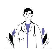 Young male doctor stands with a stethoscope surrounded by minimal botanical foliage