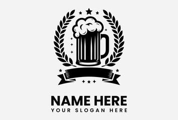 A stylized black and white logo featuring a beer mug and laurel wreath.